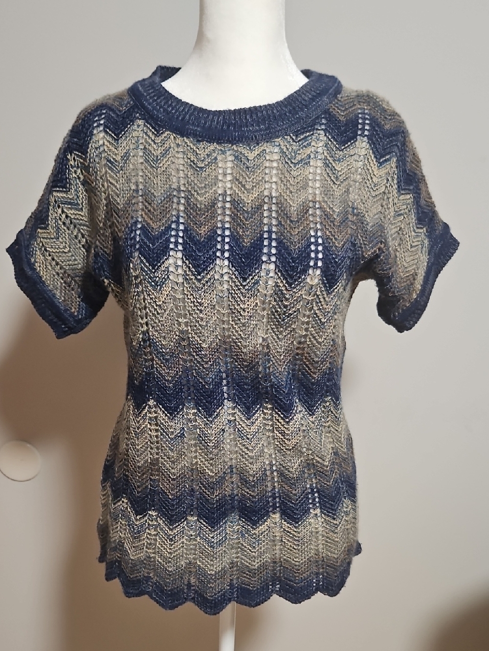 Berretti Navy and Beige Open-Knit Women's Sweater Top. Made In Italy.